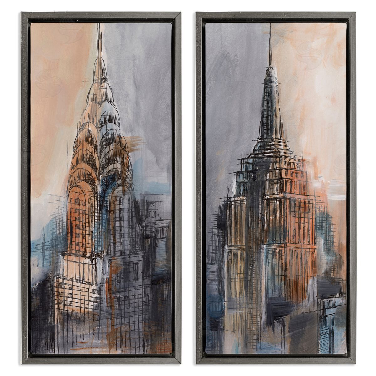 City Architecture Sketches Grey Floating Frame Canvas Wall Art, Home Decor by Ethan Harper