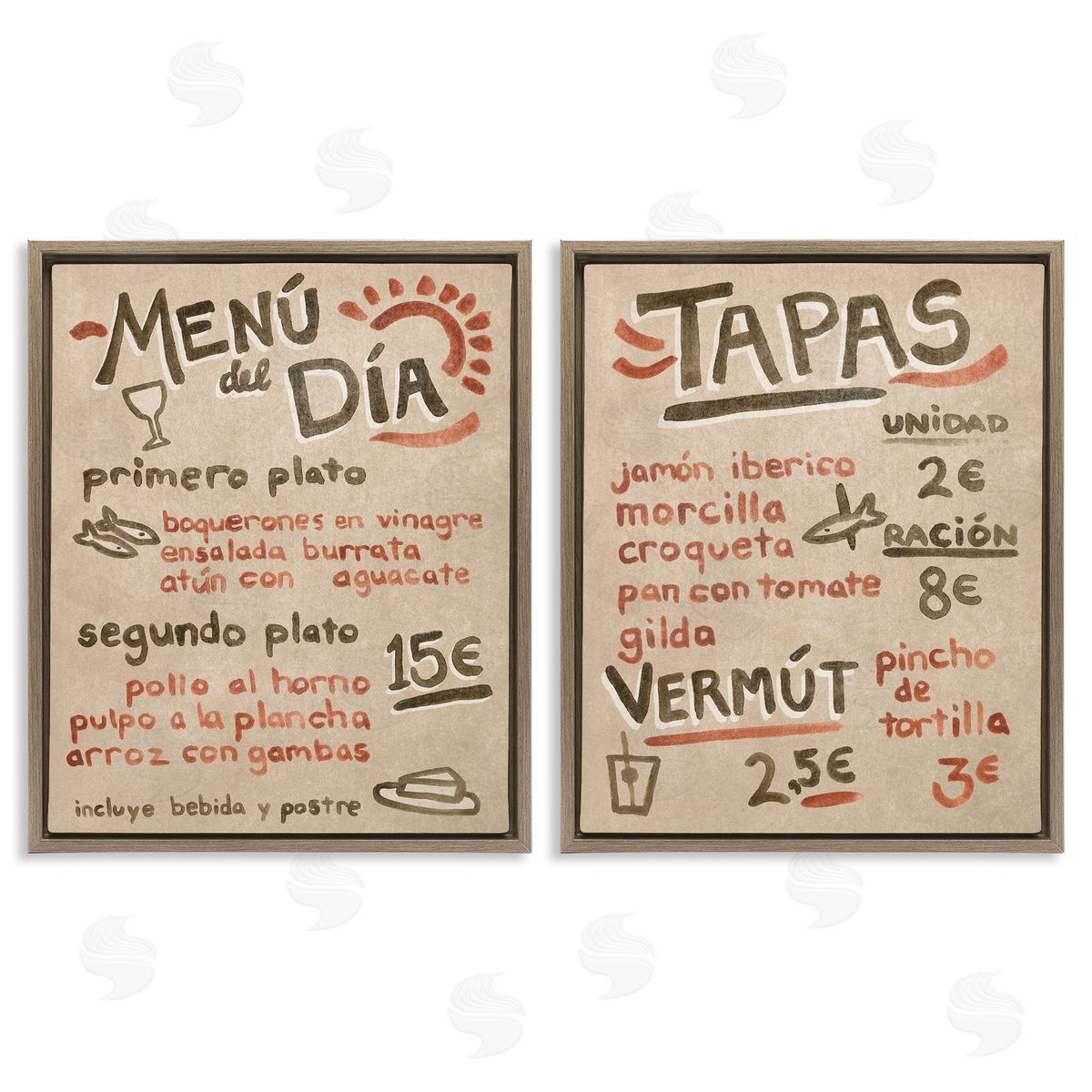 Travel Tapas Menu Brown Floating Frame Canvas Wall Art, Home Decor by June Erica Vess