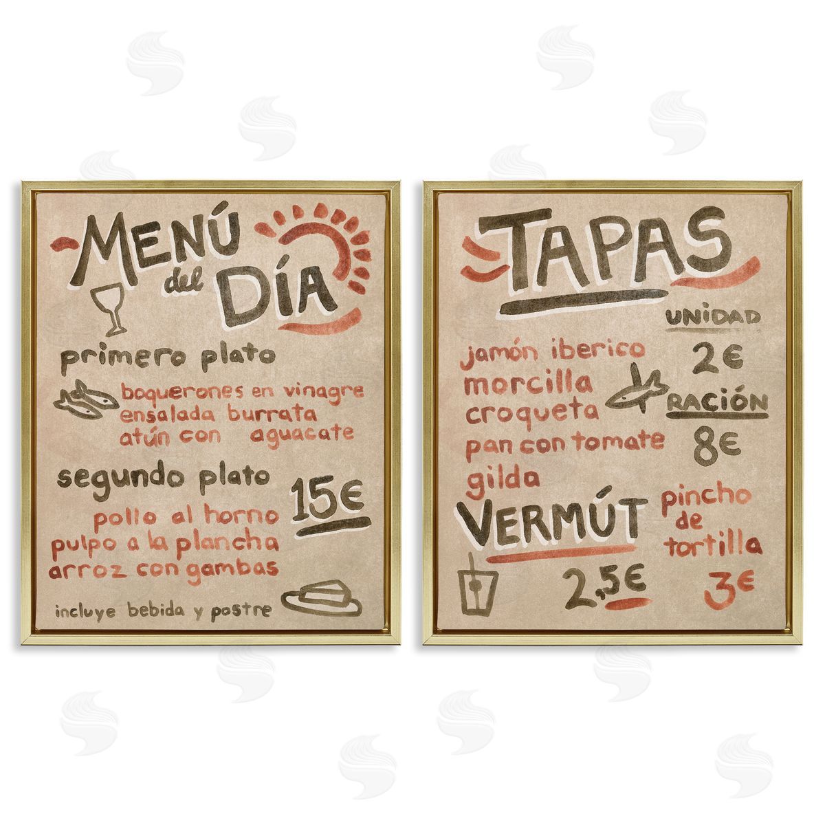 Travel Tapas Menu Gold Floating Frame Canvas Wall Art, Home Decor by June Erica Vess