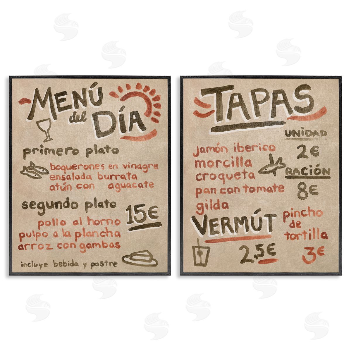 Travel Tapas Menu Black Frame Print Wall Art, Home Decor by June Erica Vess