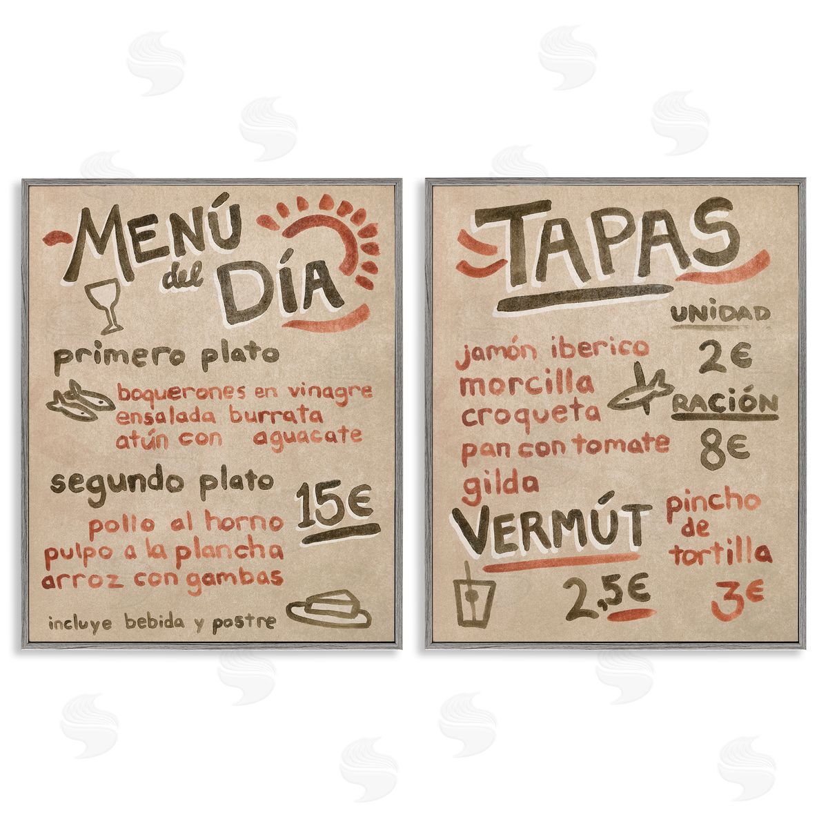 Travel Tapas Menu Grey Frame Print Wall Art, Home Decor by June Erica Vess