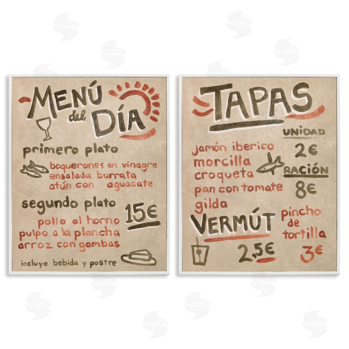 Travel Tapas Menu White Frame Print Wall Art, Home Decor by June Erica Vess