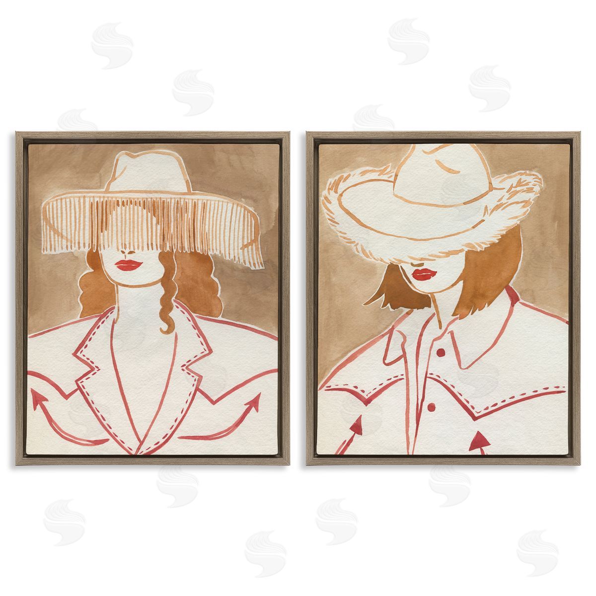 Boho Cowgirls in Hats Brown Floating Frame Canvas Wall Art, Home Decor by Grace Popp