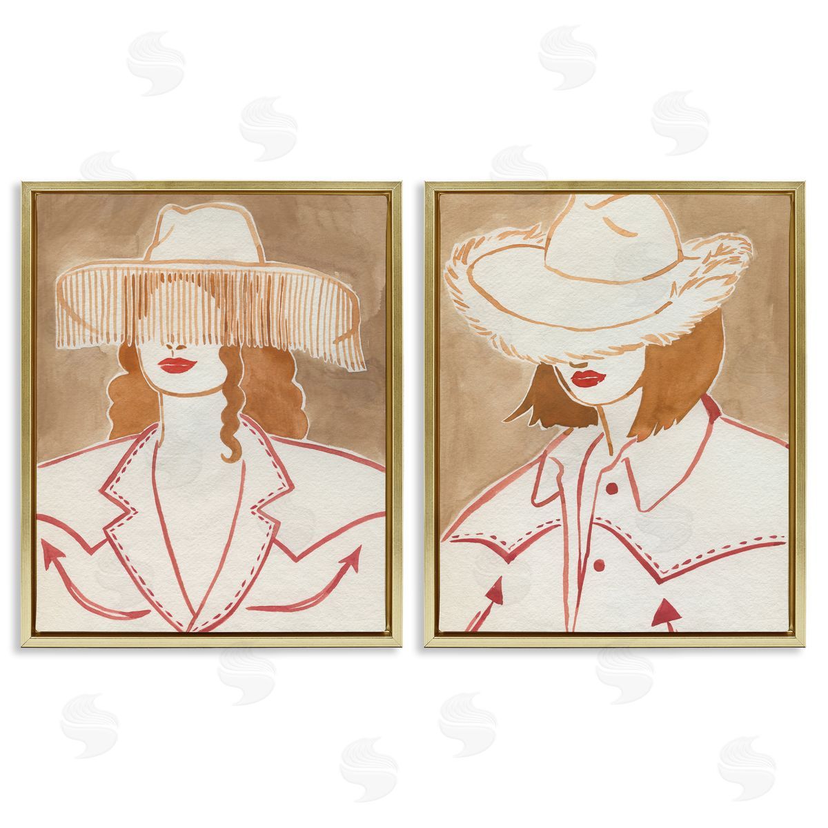 Boho Cowgirls in Hats Gold Floating Frame Canvas Wall Art, Home Decor by Grace Popp