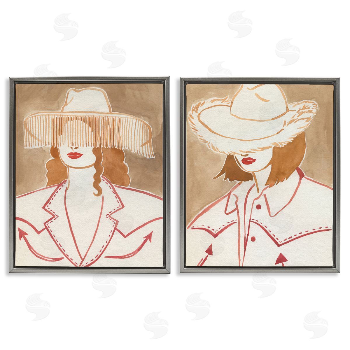 Boho Cowgirls in Hats Grey Floating Frame Canvas Wall Art, Home Decor by Grace Popp