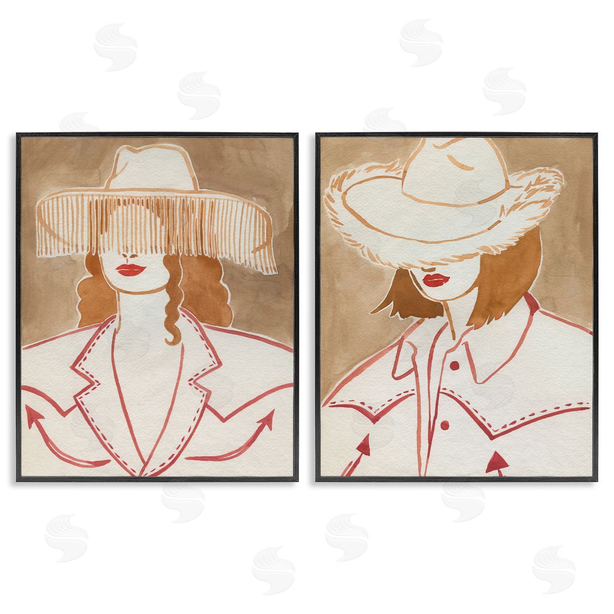 Boho Cowgirls in Hats Black Frame Print Wall Art, Home Decor by Grace Popp