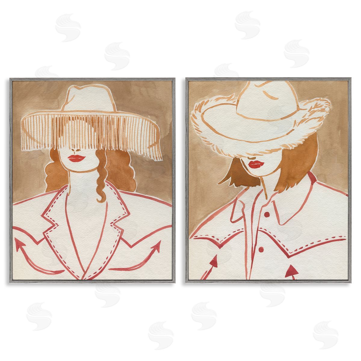 Boho Cowgirls in Hats Grey Frame Print Wall Art, Home Decor by Grace Popp