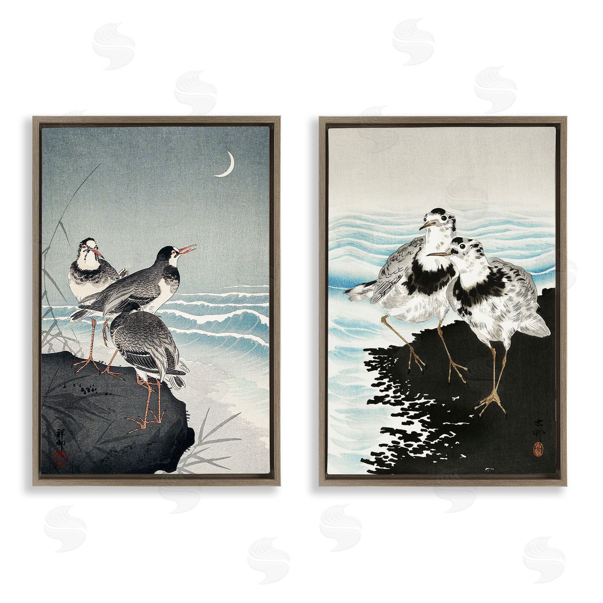 Sea Birds Under Moon Brown Floating Frame Canvas Wall Art, Home Decor by Ohara Koson