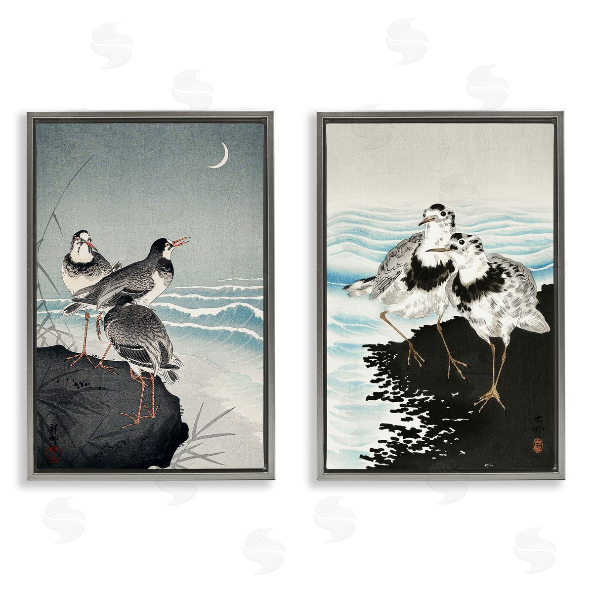 Sea Birds Under Moon Grey Floating Frame Canvas Wall Art, Home Decor by Ohara Koson