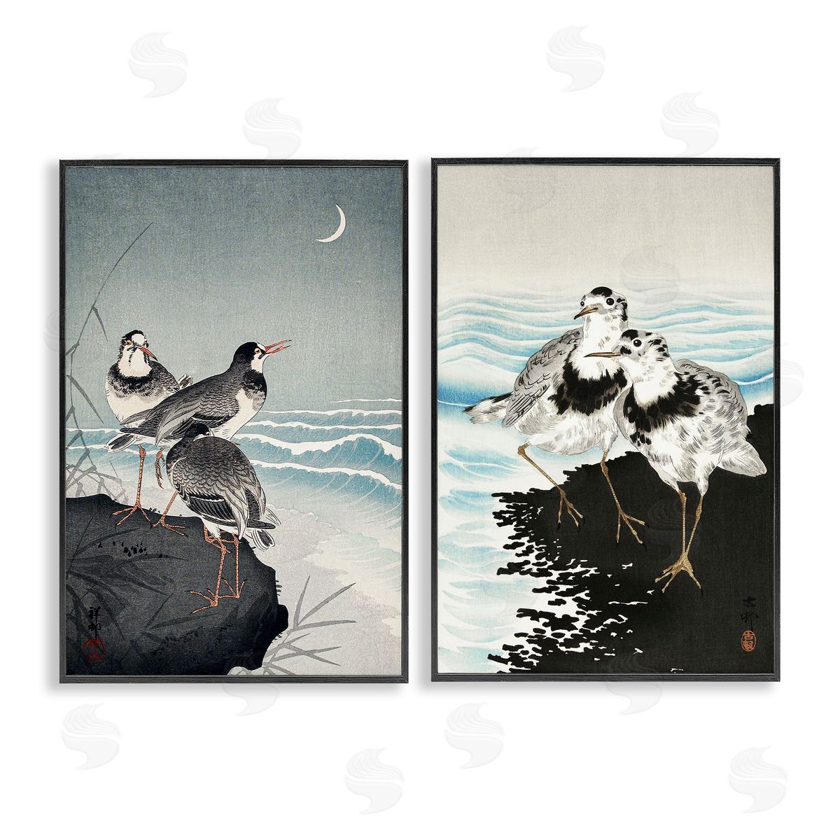 Sea Birds Under Moon Black Frame Print Wall Art, Home Decor by Ohara Koson