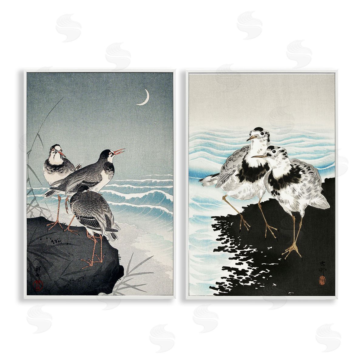 Sea Birds Under Moon White Frame Print Wall Art, Home Decor by Ohara Koson