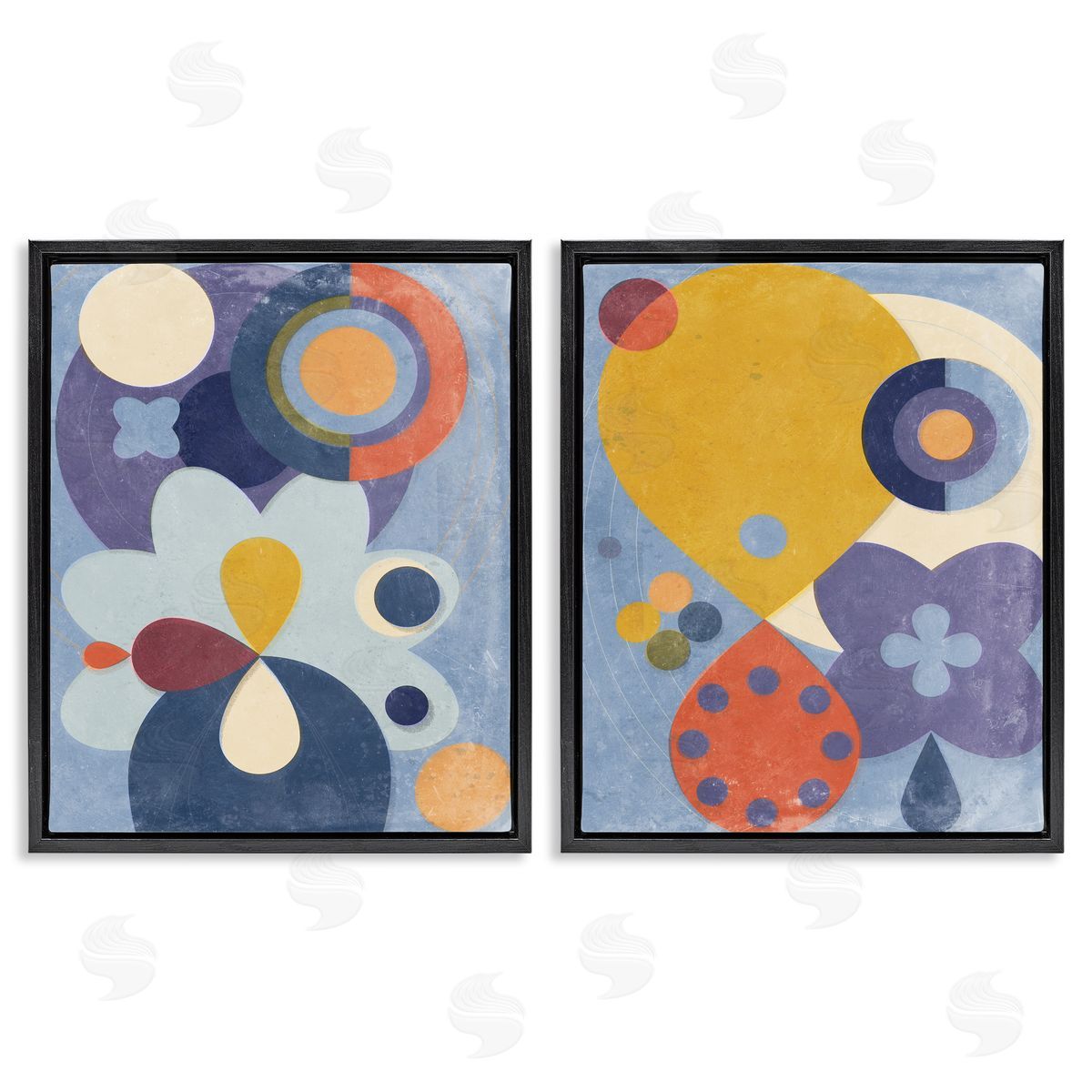 Retro Shapes on Blue Black Floating Frame Canvas Wall Art, Home Decor by Victoria Barnes