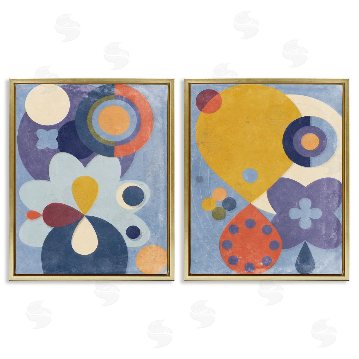 Retro Shapes on Blue Gold Floating Frame Canvas Wall Art, Home Decor by Victoria Barnes