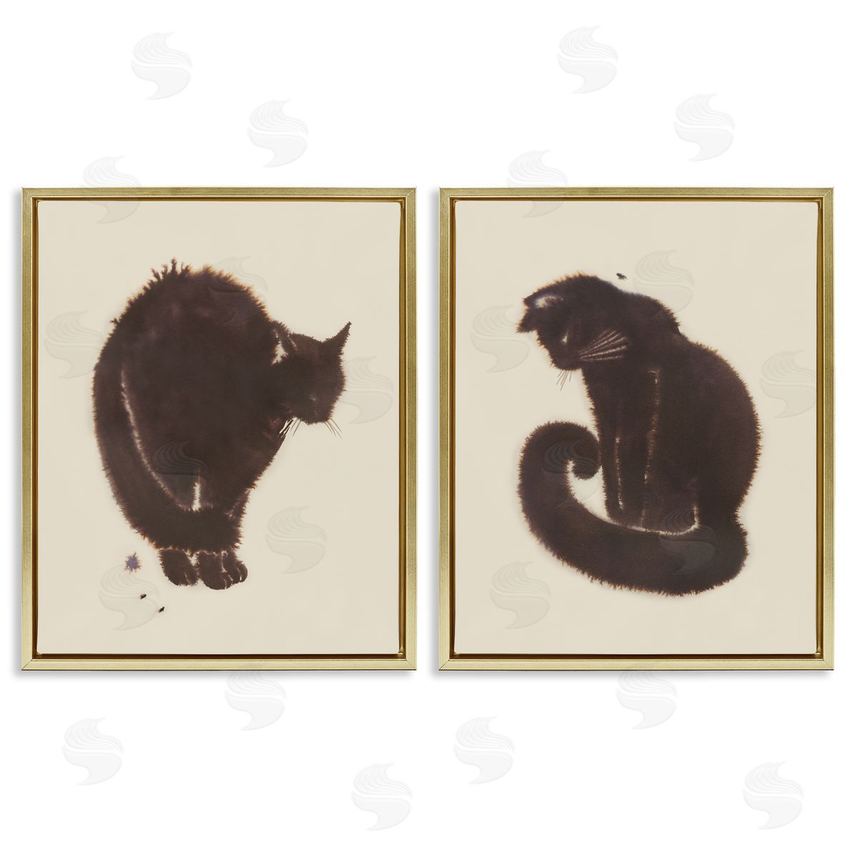 Simple Cats on Beige Gold Floating Frame Canvas Wall Art, Home Decor by Grace Popp