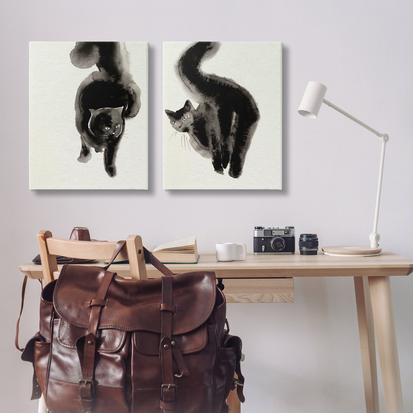 Minimal Black Cats Canvas Wall Art in Room, Home Decor by Melissa Wang