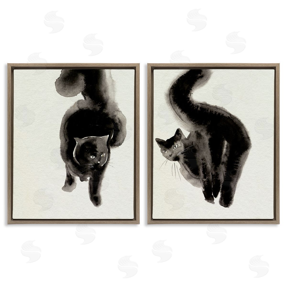 Minimal Black Cats Brown Floating Frame Canvas Wall Art, Home Decor by Melissa Wang