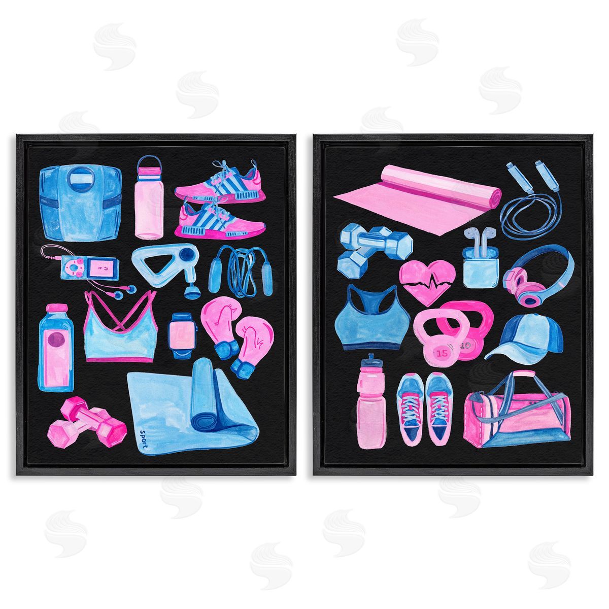 Exercise Gear Pink & Blue Black Floating Frame Canvas Wall Art, Home Decor by Melissa Wang