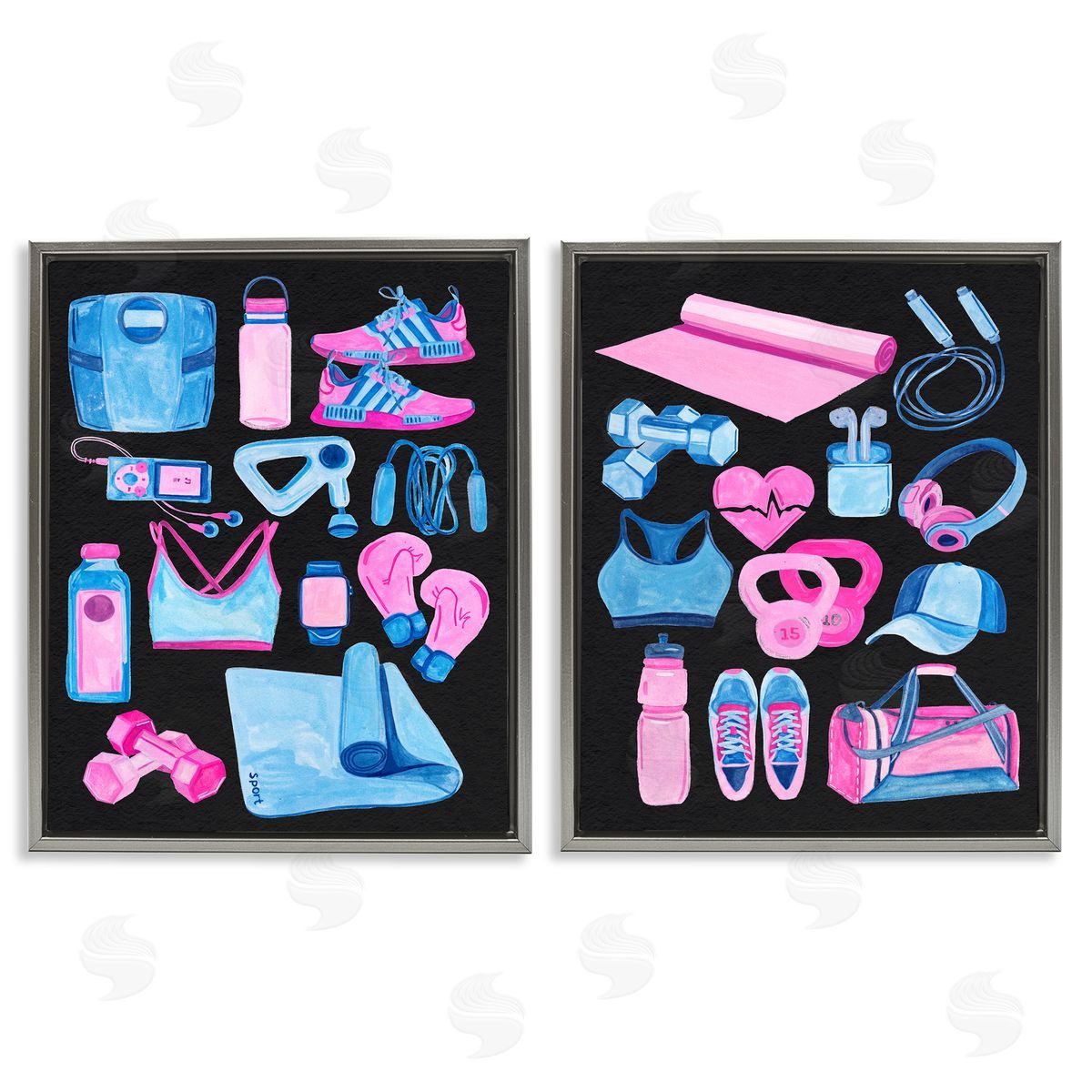 Exercise Gear Pink & Blue Grey Floating Frame Canvas Wall Art, Home Decor by Melissa Wang