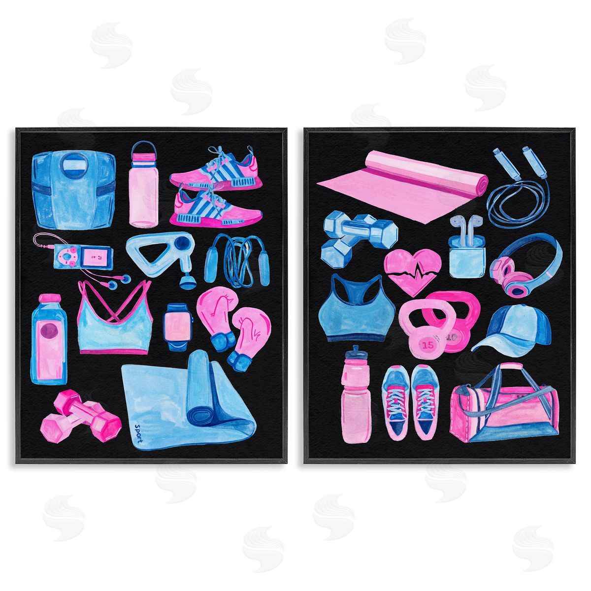 Exercise Gear Pink & Blue Black Frame Print Wall Art, Home Decor by Melissa Wang