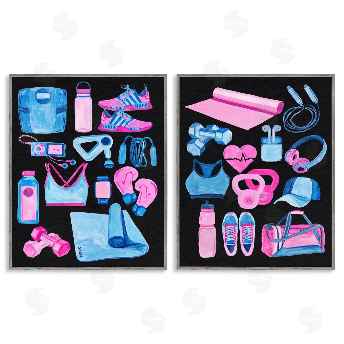 Exercise Gear Pink & Blue Grey Frame Print Wall Art, Home Decor by Melissa Wang