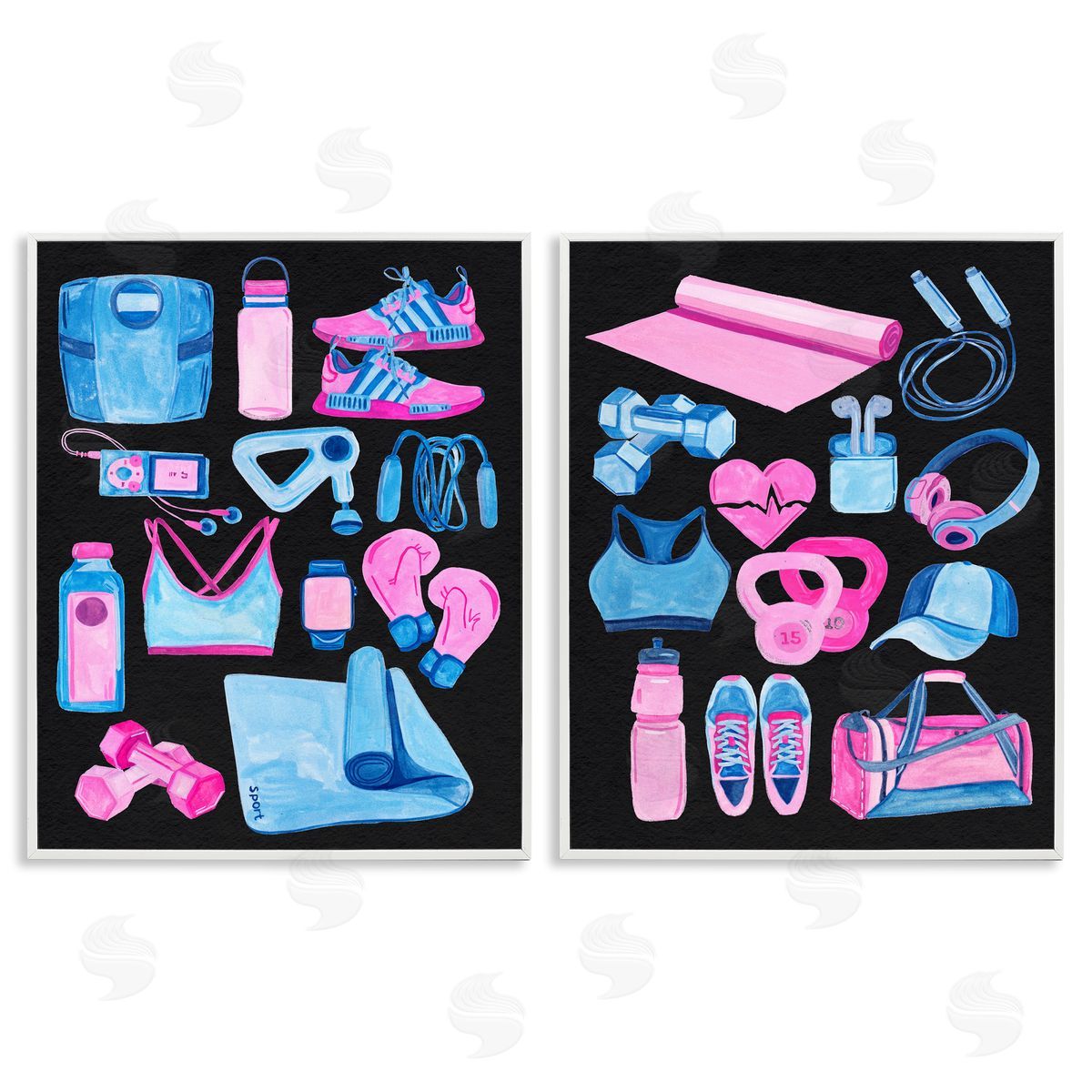 Exercise Gear Pink & Blue White Frame Print Wall Art, Home Decor by Melissa Wang