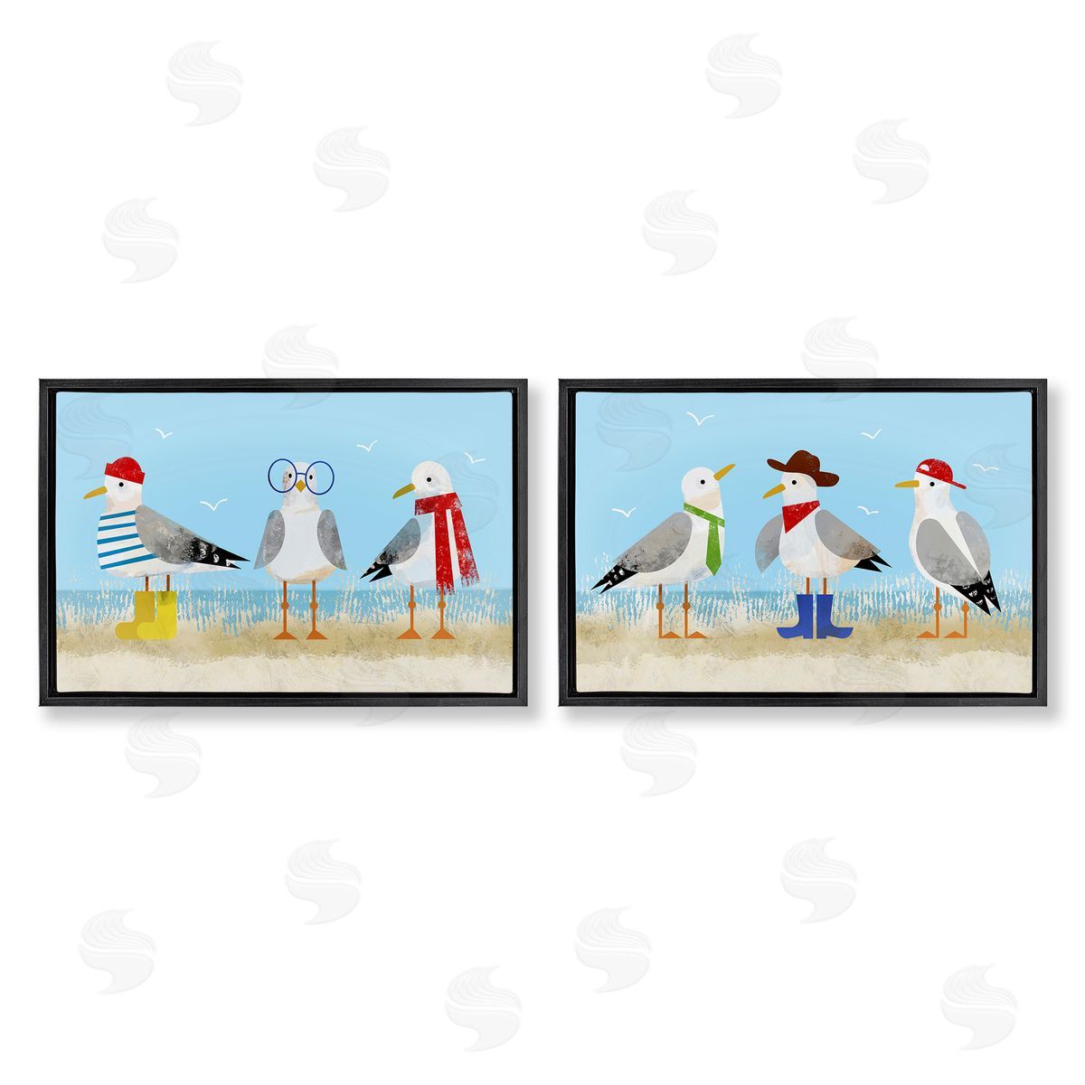 Stylish Seagulls at Beach Black Floating Frame Canvas Wall Art, Home Decor by Victoria Barnes
