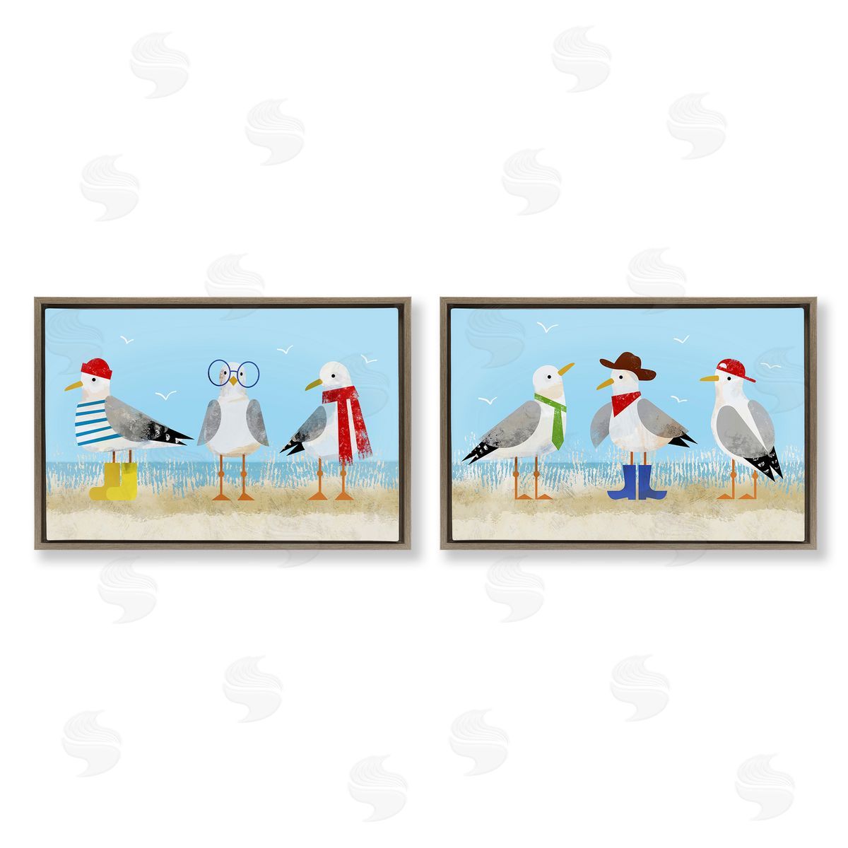 Stylish Seagulls at Beach Brown Floating Frame Canvas Wall Art, Home Decor by Victoria Barnes
