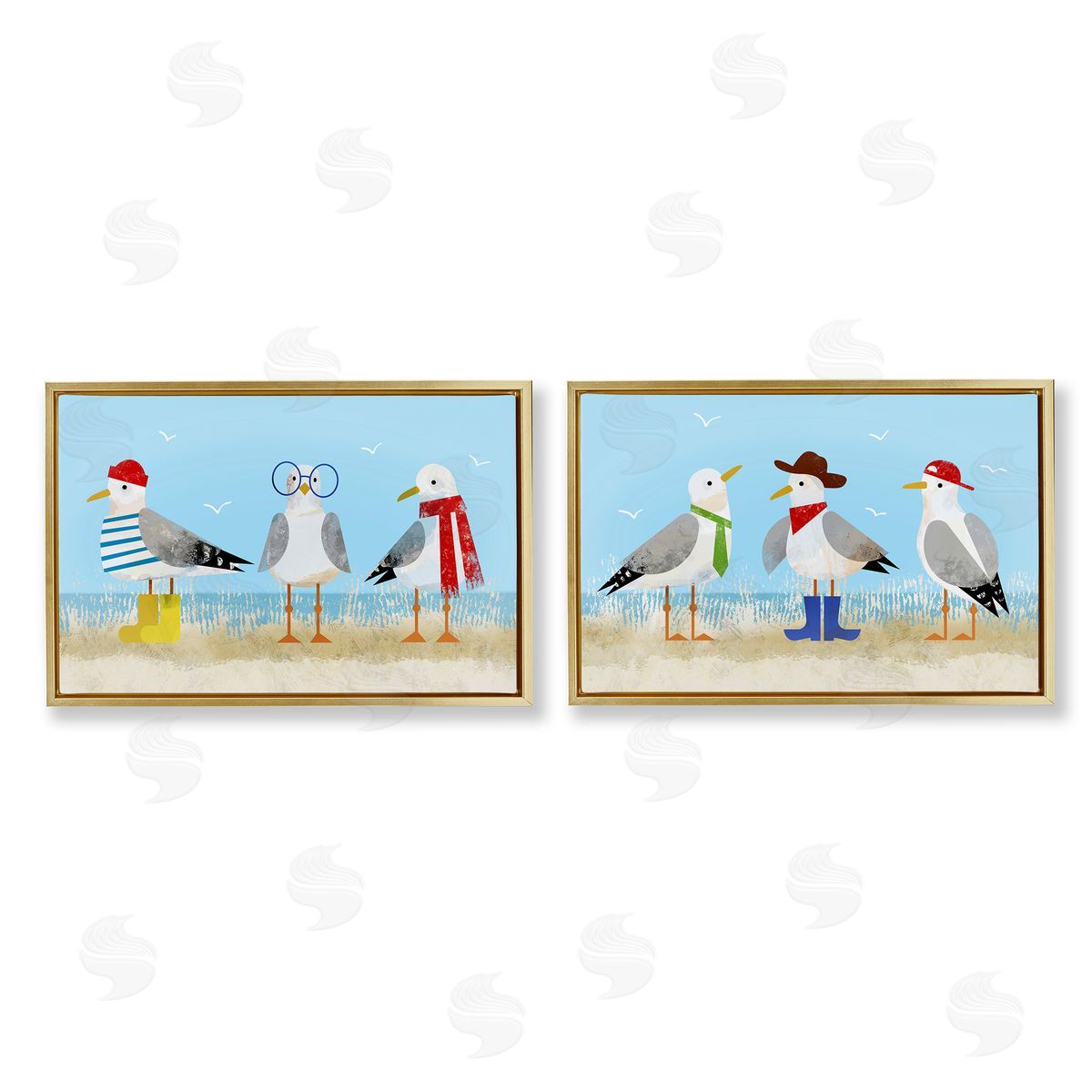 Stylish Seagulls at Beach Gold Floating Frame Canvas Wall Art, Home Decor by Victoria Barnes