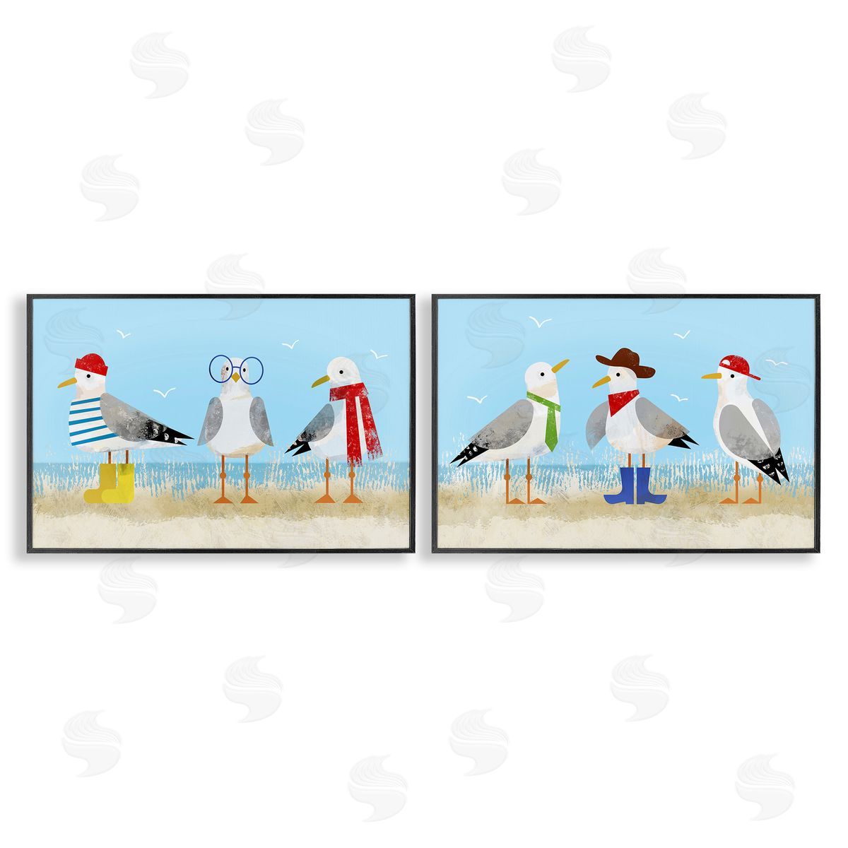 Stylish Seagulls at Beach Black Frame Print Wall Art, Home Decor by Victoria Barnes