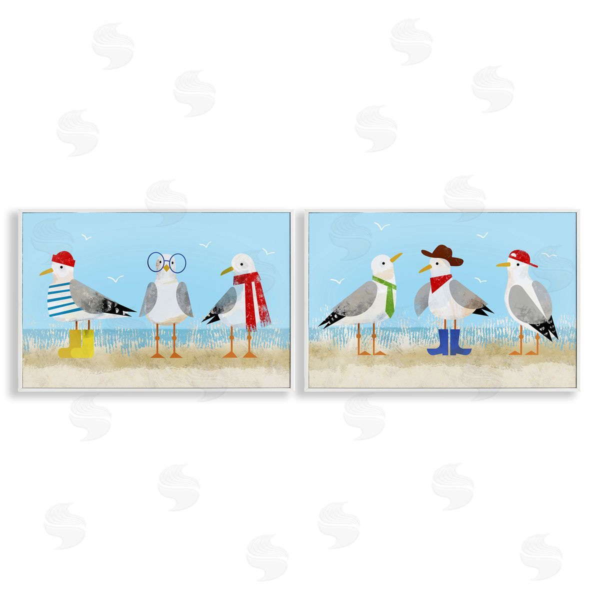 Stylish Seagulls at Beach White Frame Print Wall Art, Home Decor by Victoria Barnes