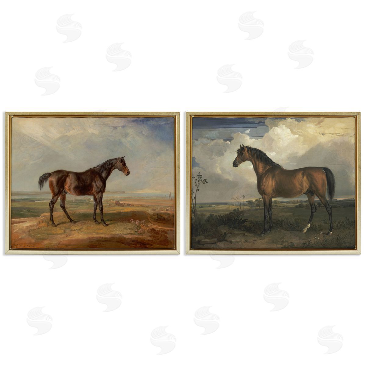 Horses in Desolate Terrain Gold Floating Frame Canvas Wall Art, Home Decor by James Ward