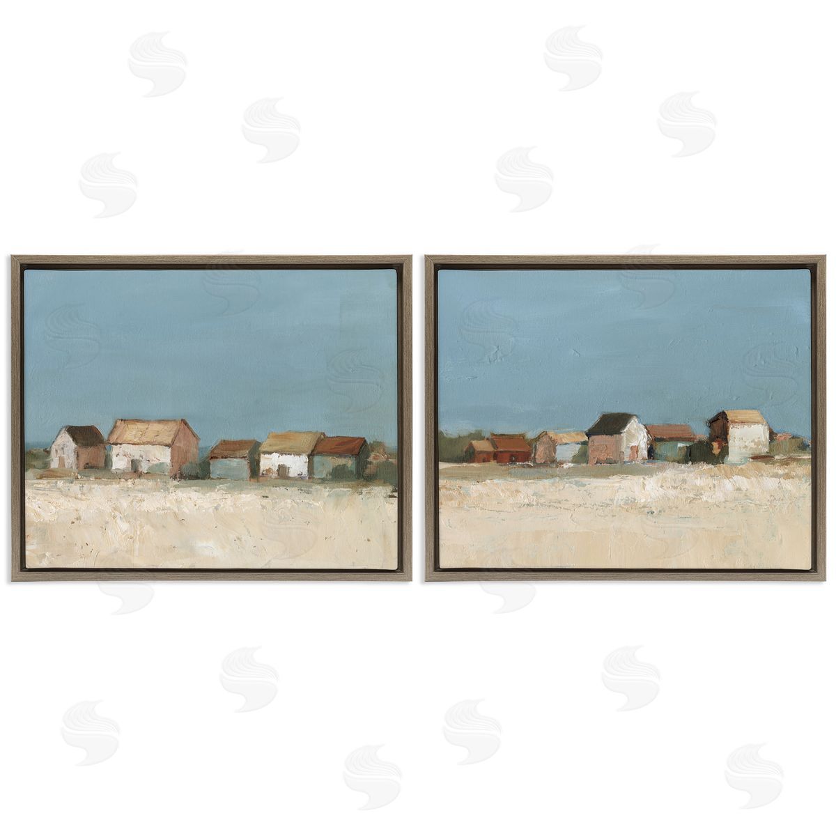Country Houses in Distance Brown Floating Frame Canvas Wall Art, Home Decor by Ethan Harper