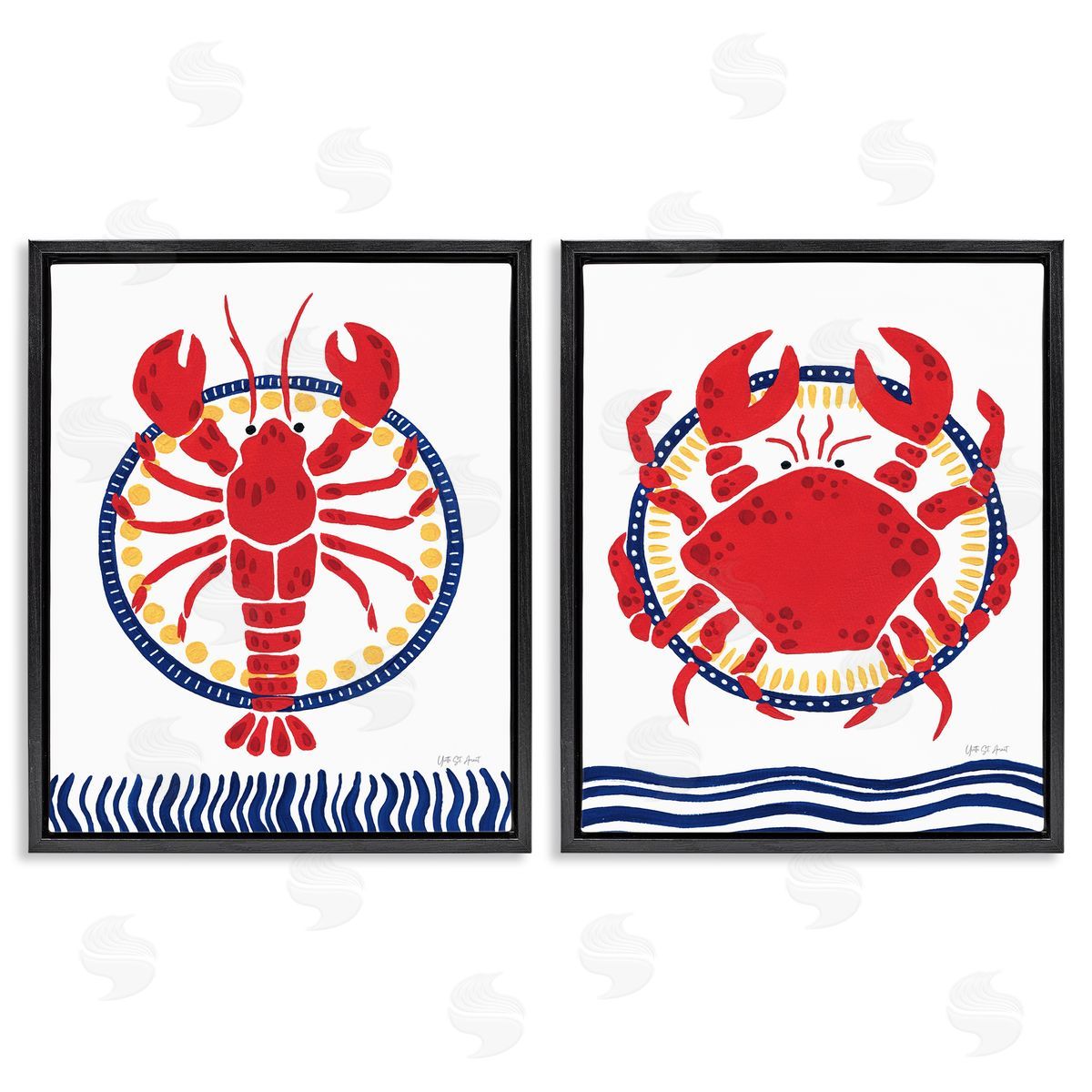 Coastal Lobster & Crab Black Floating Frame Canvas Wall Art, Home Decor by Yvette St. Amant