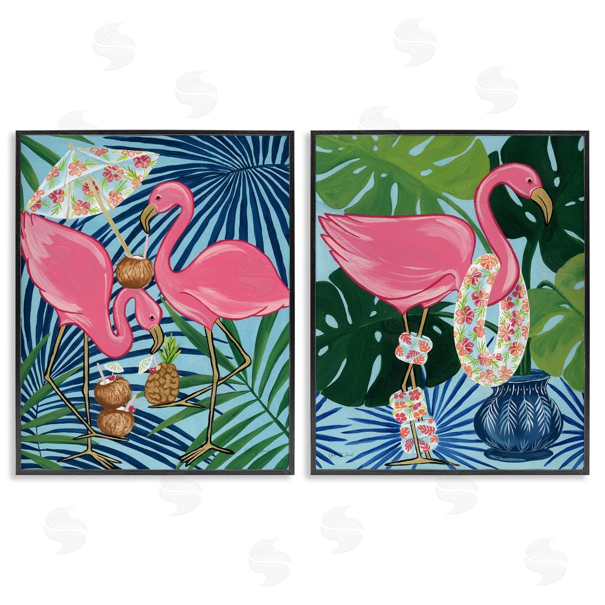 Happy Hour Flamingos Black Frame Print Wall Art, Home Decor by Yvette St. Amant