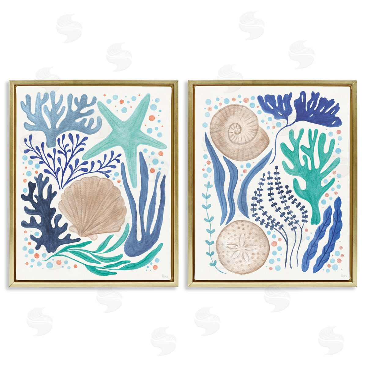 Coastal Currents Sea Life Gold Floating Frame Canvas Wall Art, Home Decor by Veronique Charron