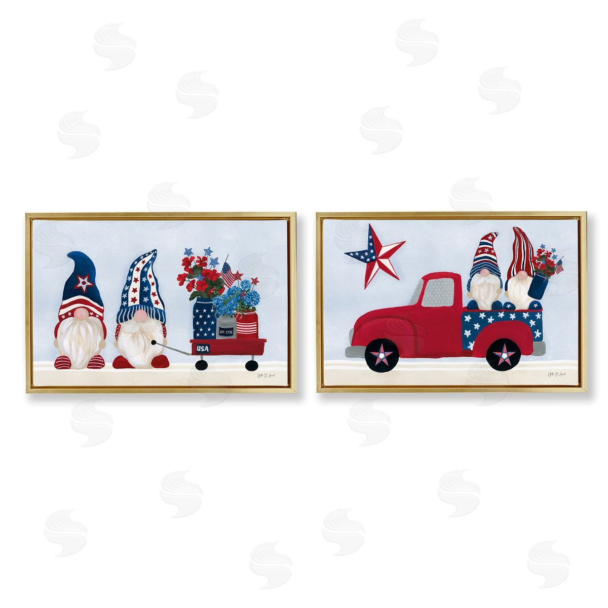 Americana Florals & Gnomes Gold Floating Frame Canvas Wall Art, Home Decor by Yvette St. Amant