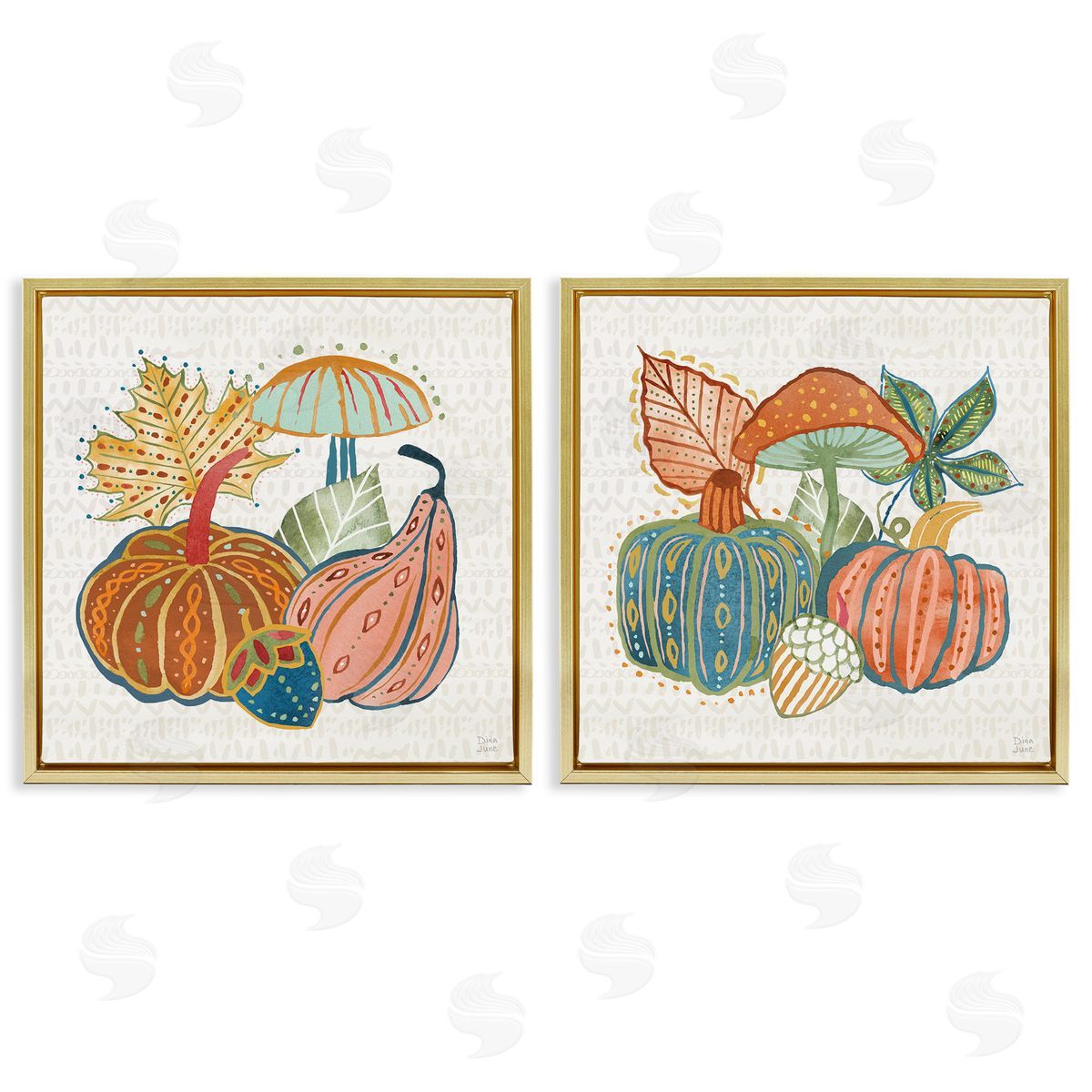 Harvest Whimsy Gourd Collection Gold Floating Frame Canvas Wall Art, Home Decor by Dina June