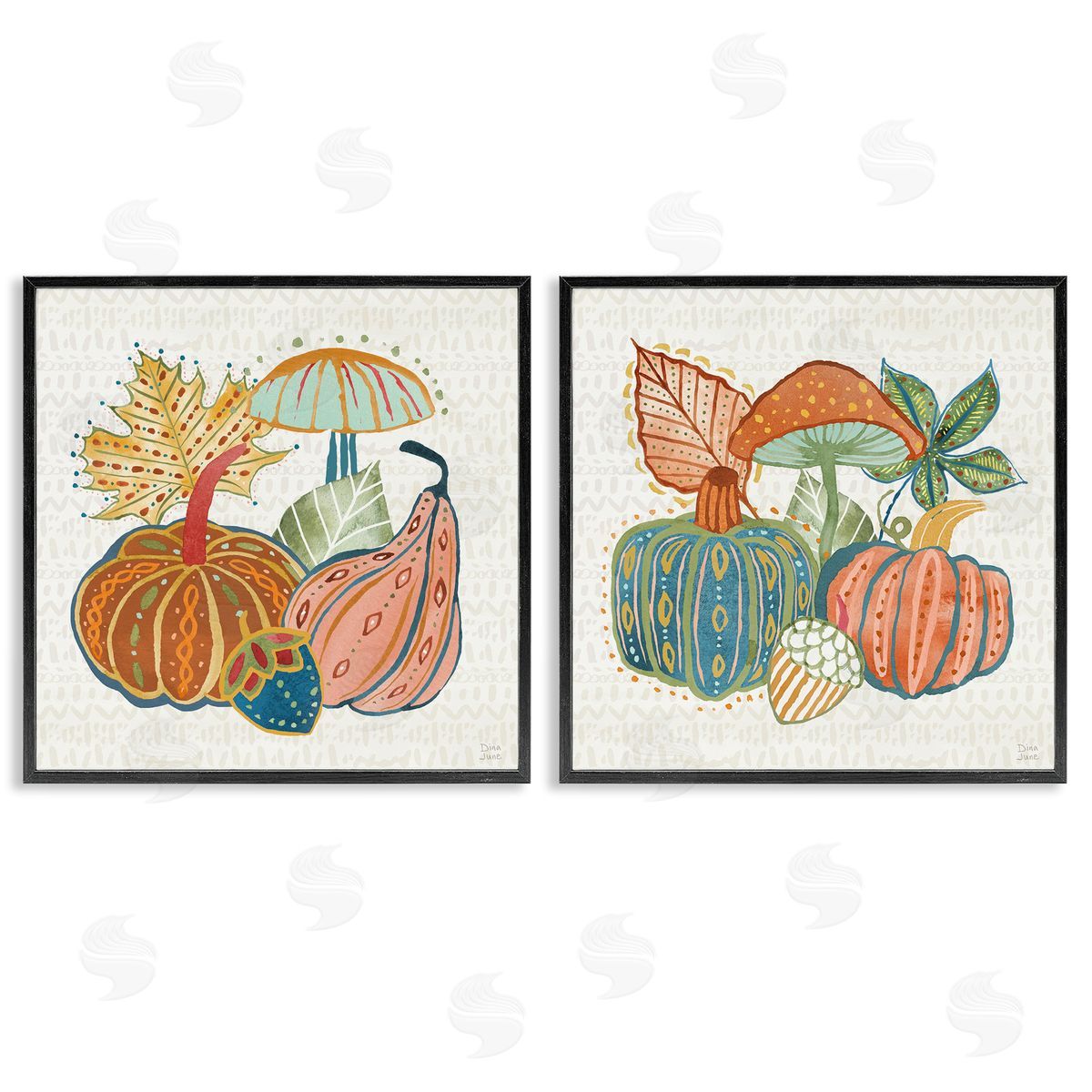 Harvest Whimsy Gourd Collection Black Frame Print Wall Art, Home Decor by Dina June