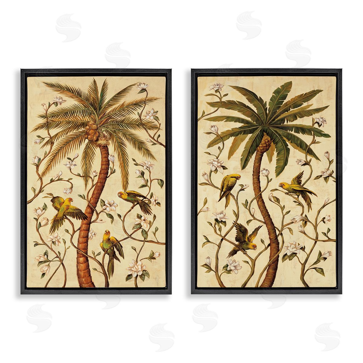 Parrots & Curving Palm Trees Black Floating Frame Canvas Wall Art, Home Decor by Rodolfo Jimenez