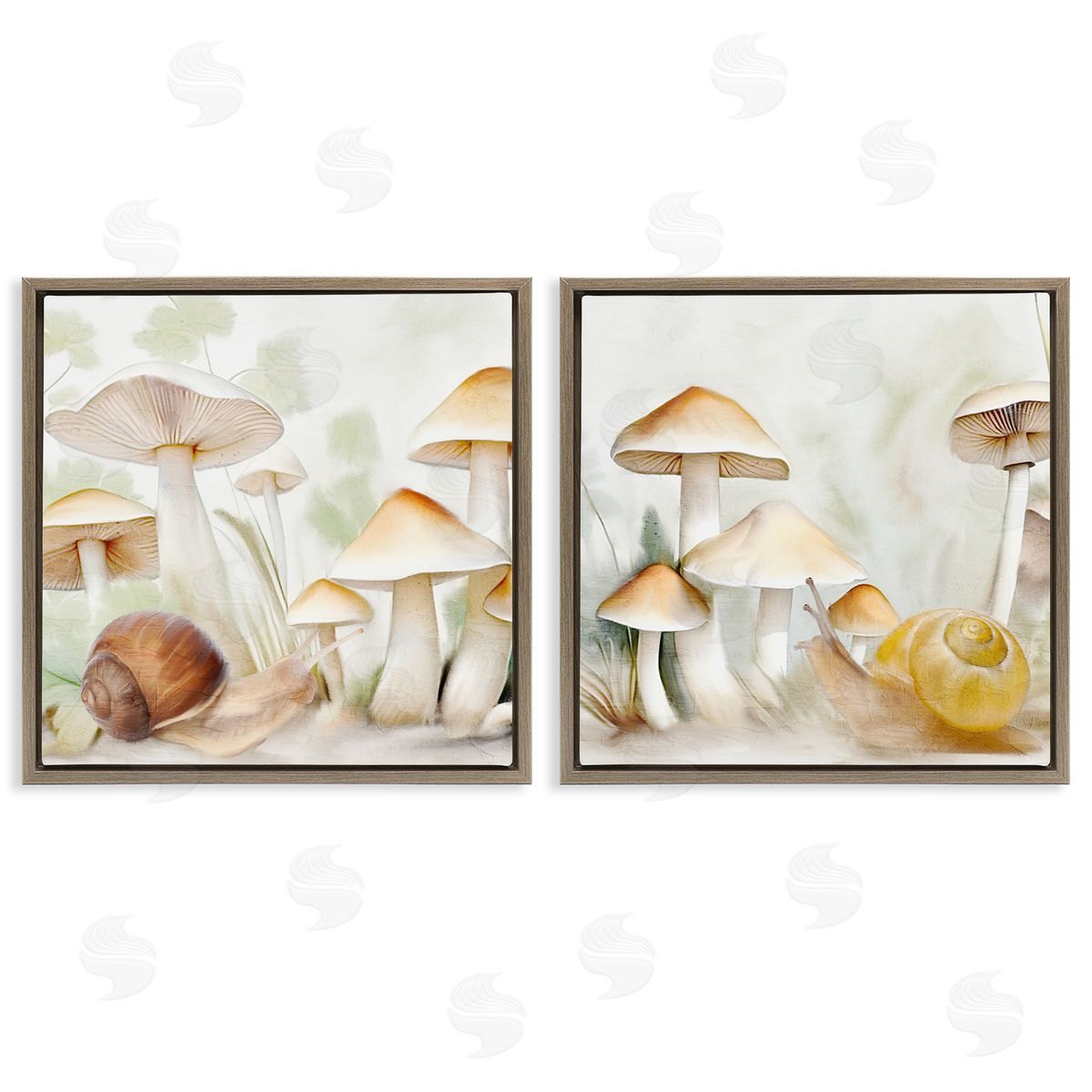 Snail Crawl by Mushrooms Brown Floating Frame Canvas Wall Art, Home Decor by Kim Allen
