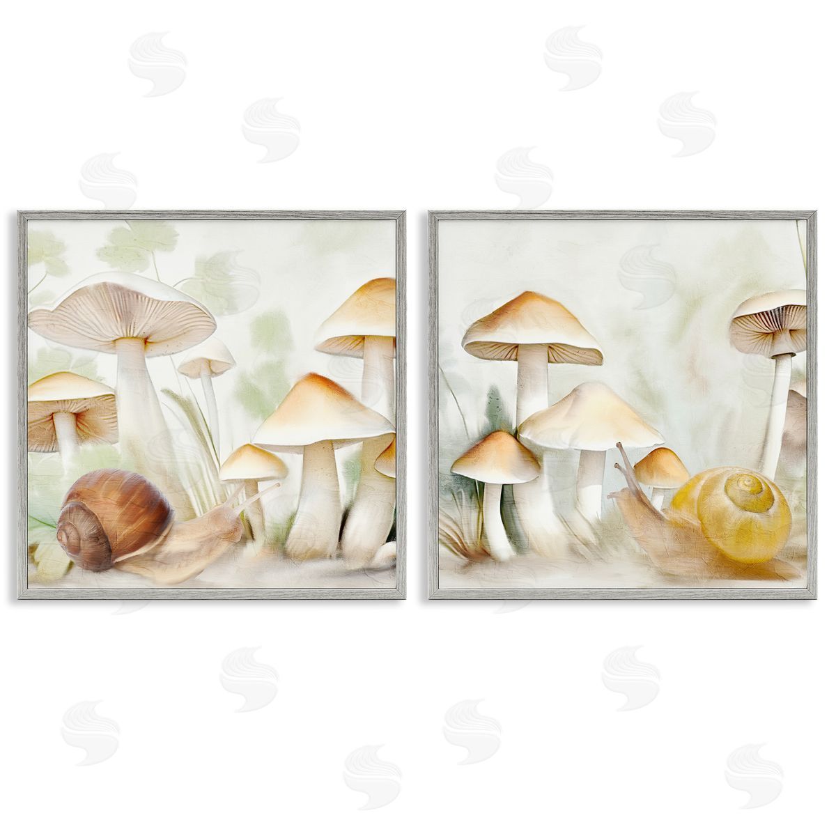 Snail Crawl by Mushrooms Grey Frame Print Wall Art, Home Decor by Kim Allen