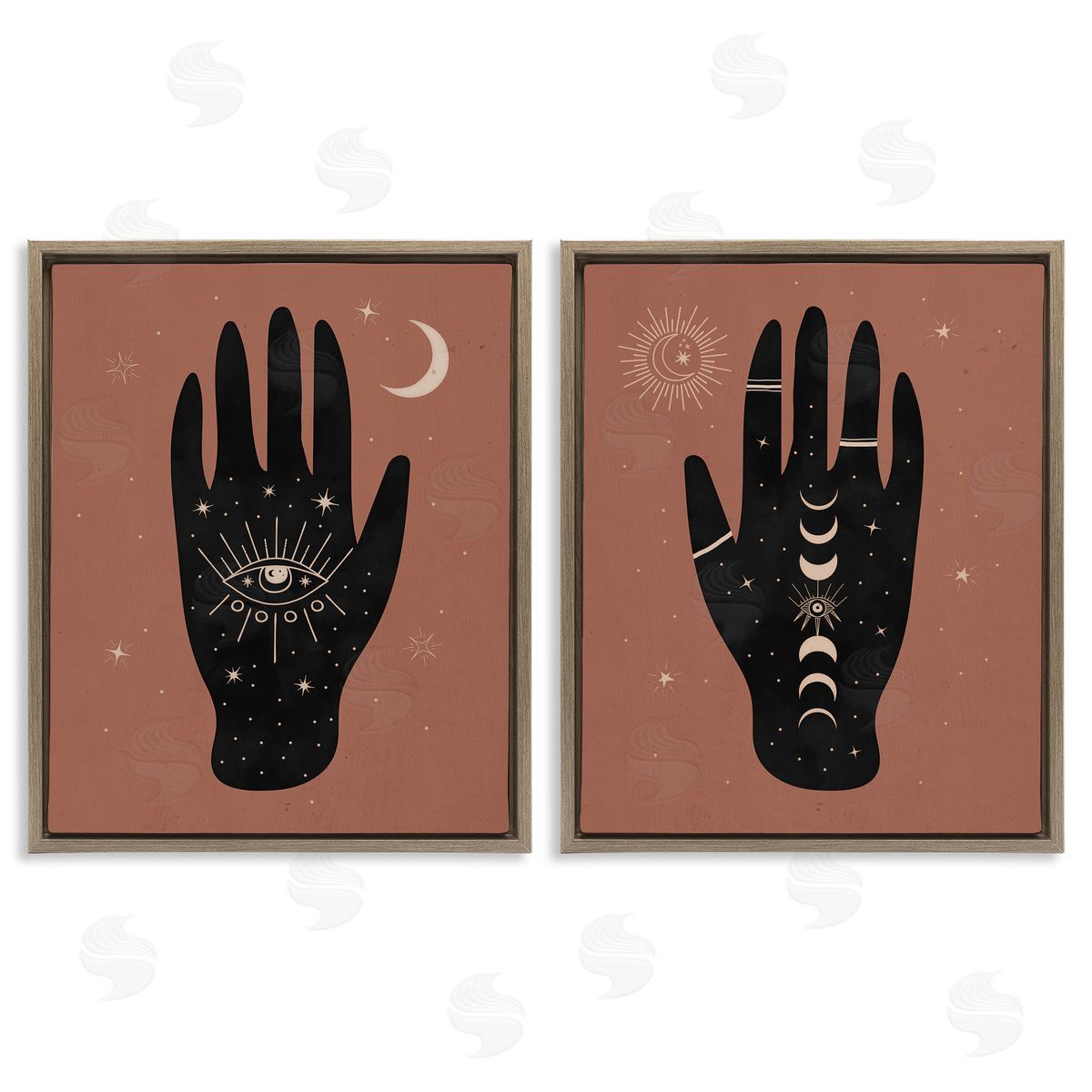 All Seeing Mystical Hands Brown Floating Frame Canvas Wall Art, Home Decor by Nina Blue