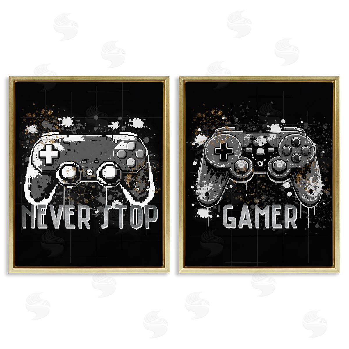 Modern Gamer Controller Phrases Gold Floating Frame Canvas Wall Art, Home Decor by Kim Allen
