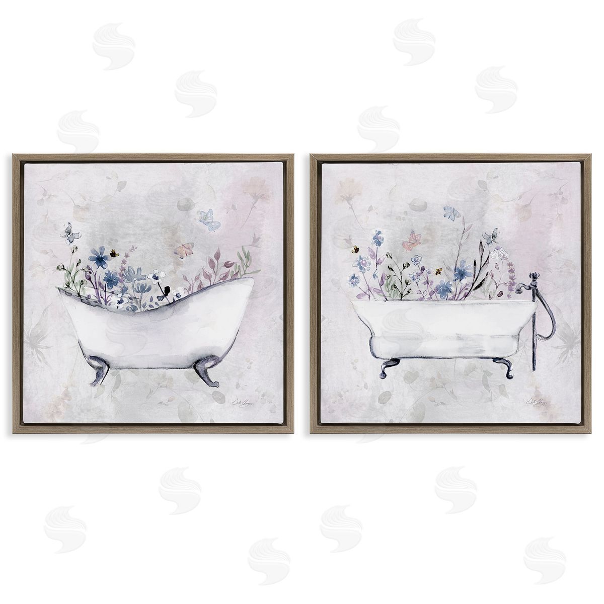 Antique Tubs with Botanics Brown Floating Frame Canvas Wall Art, Home Decor by Stella Chang