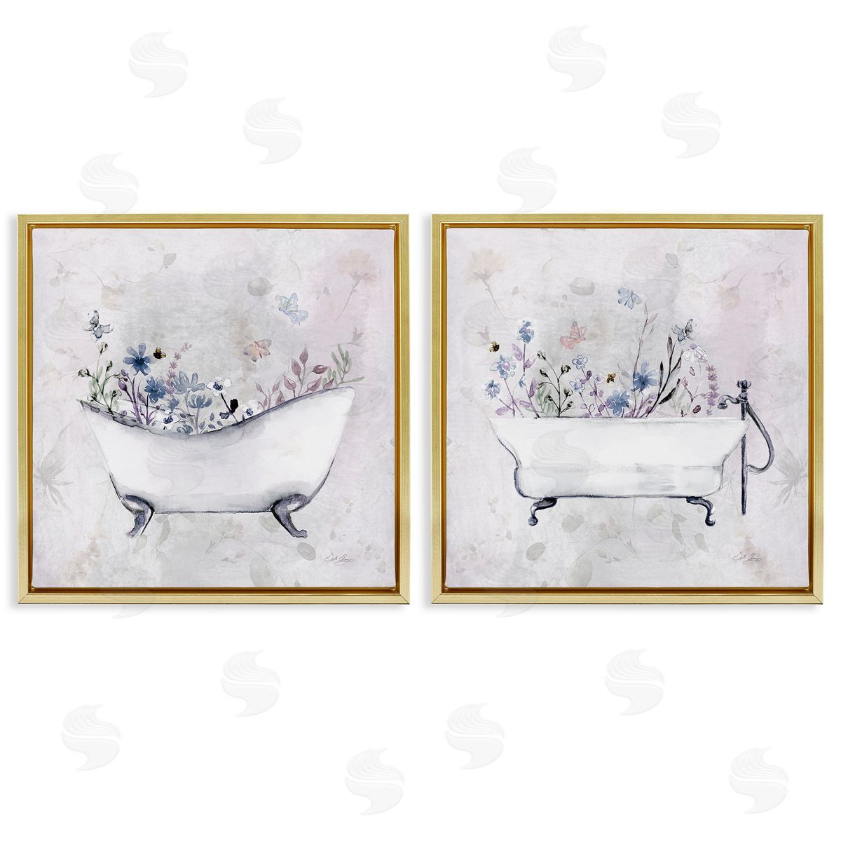 Antique Tubs with Botanics Gold Floating Frame Canvas Wall Art, Home Decor by Stella Chang