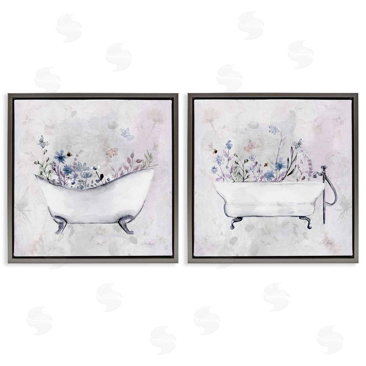 Antique Tubs with Botanics Grey Floating Frame Canvas Wall Art, Home Decor by Stella Chang