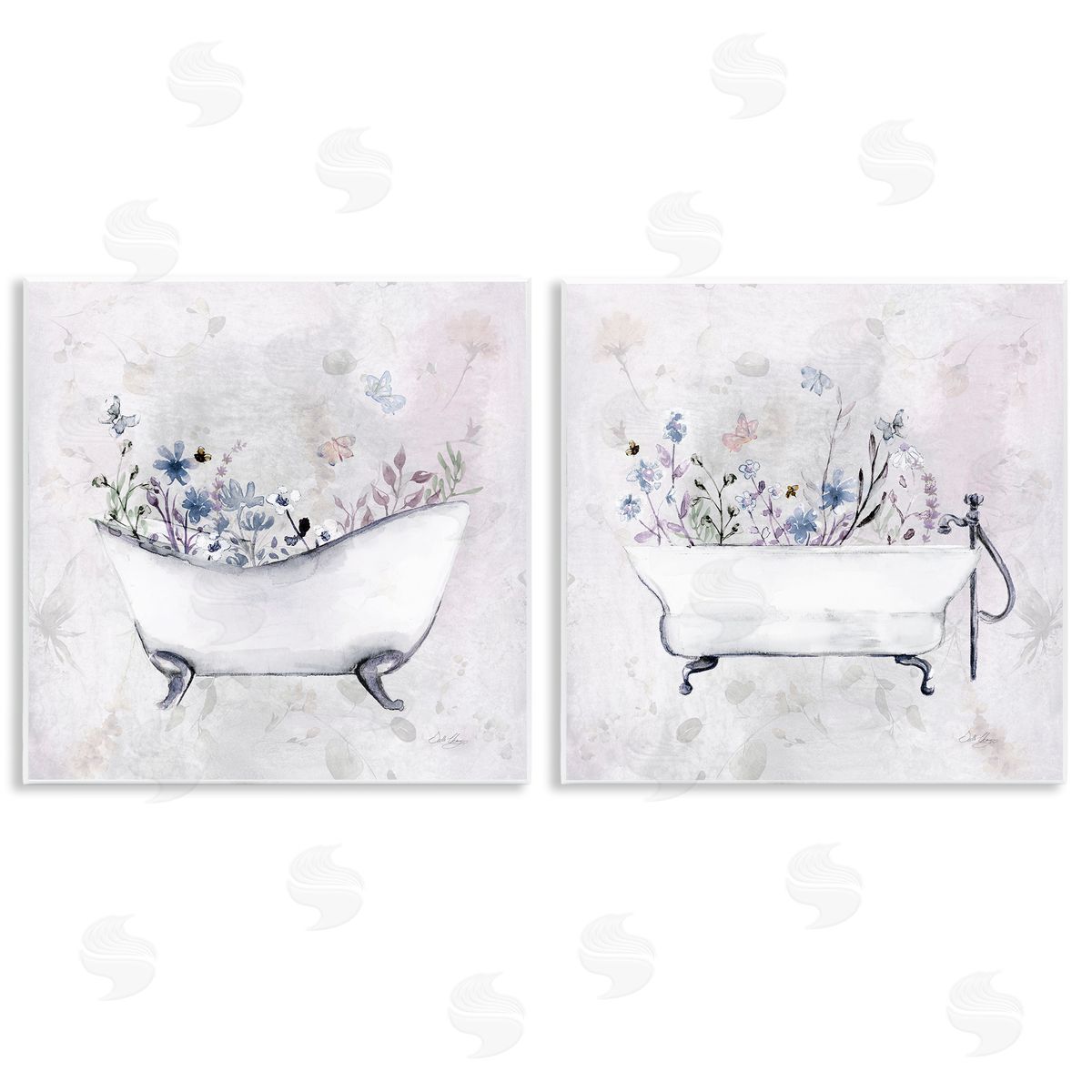 Antique Tubs with Botanics Wood Plaque Wall Art, Home Decor by Stella Chang