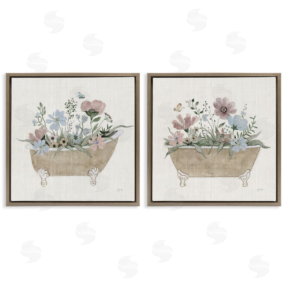 Rustic Florals in Bathtubs Brown Floating Frame Canvas Wall Art, Home Decor by Tava Studios