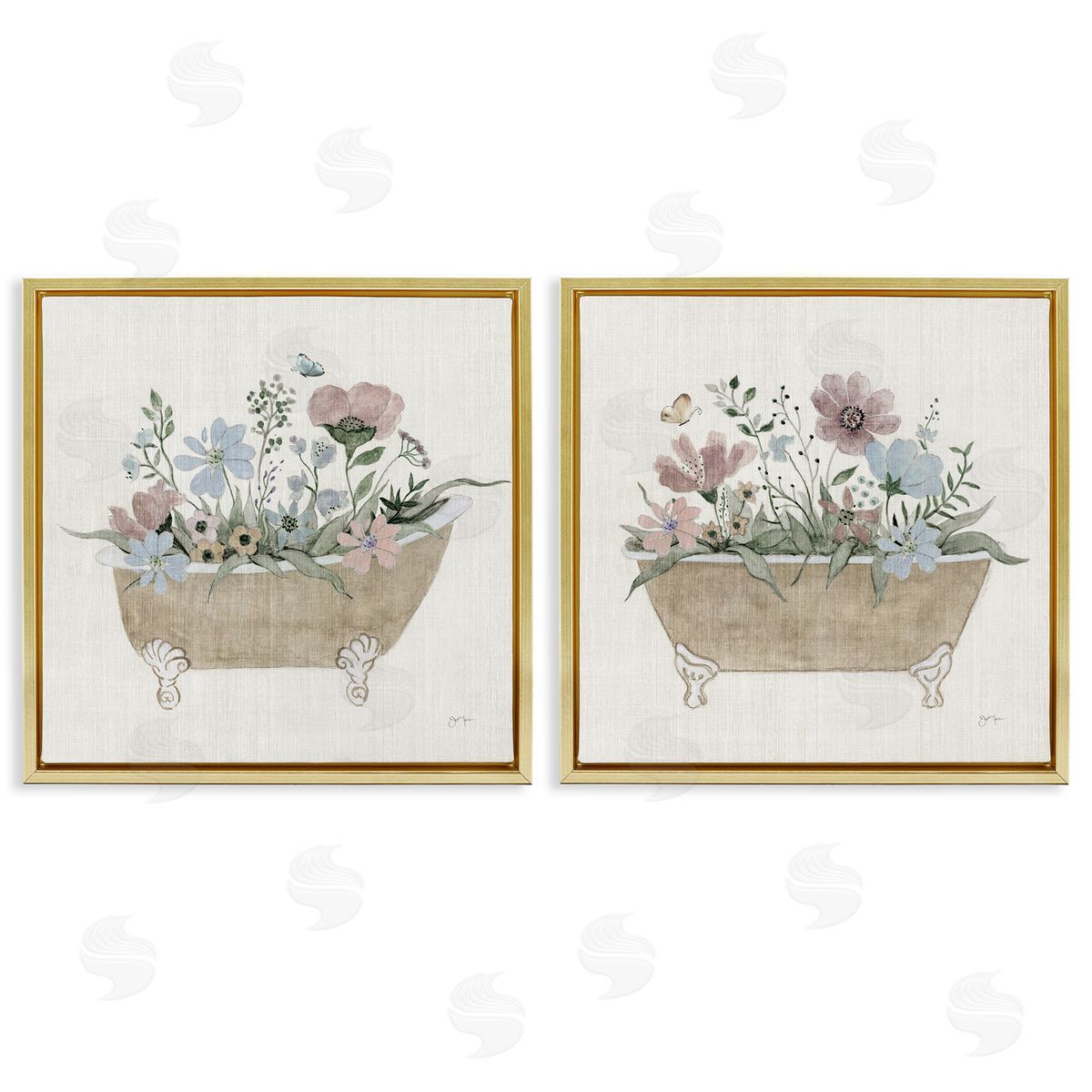 Rustic Florals in Bathtubs Gold Floating Frame Canvas Wall Art, Home Decor by Tava Studios