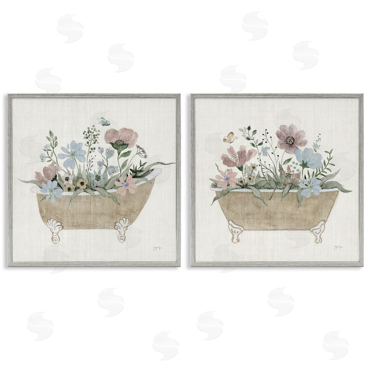 Rustic Florals in Bathtubs Grey Frame Print Wall Art, Home Decor by Tava Studios